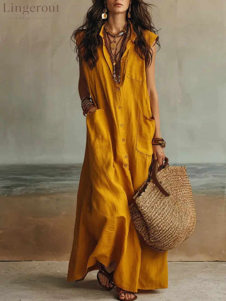 Temperament Commuting Off-Shoulder Bohemian Vacation Loose Shirt Dress - Golden yellow / XS