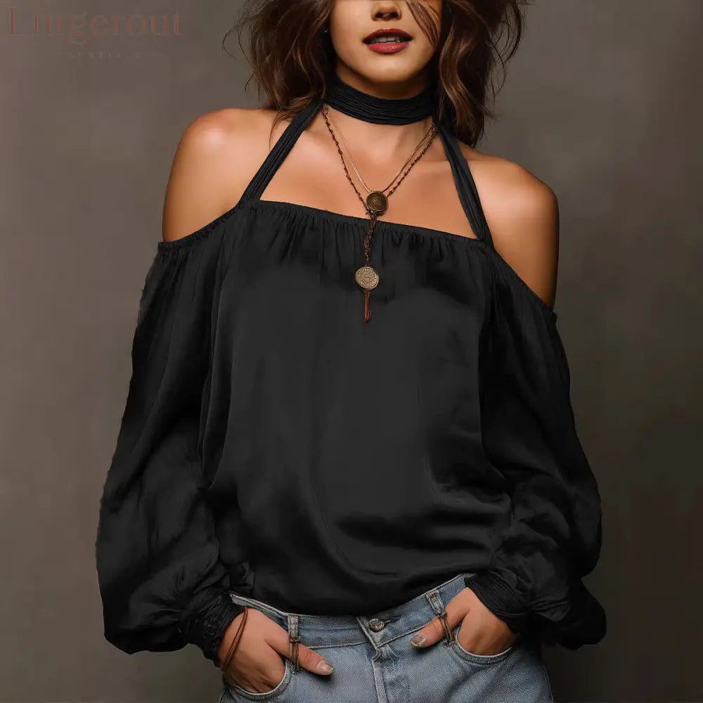 Temperament Off-Shoulder Matte Satin Shirt Top - Black / XS