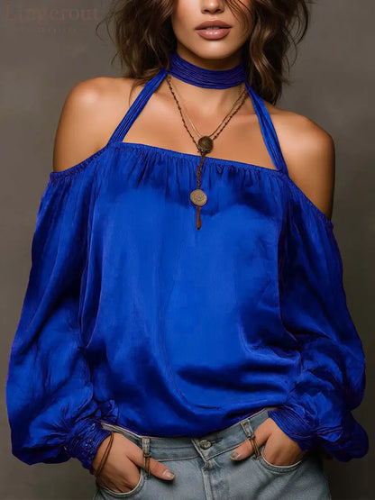 Temperament Off-Shoulder Matte Satin Shirt Top - Blue / XS