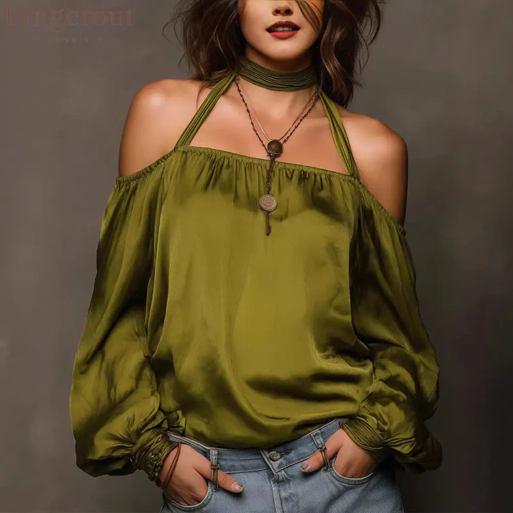 Temperament Off-Shoulder Matte Satin Shirt Top - Olive green / XS
