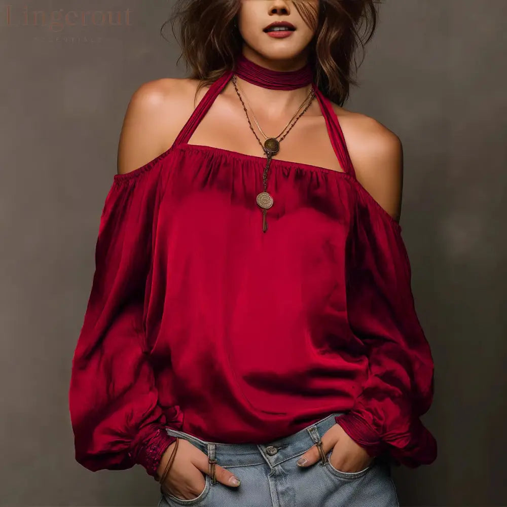 Temperament Off-Shoulder Matte Satin Shirt Top - Red / XS