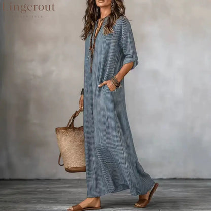 Textured Crinkled V Neck Half Sleeve Loose Maxi Dress