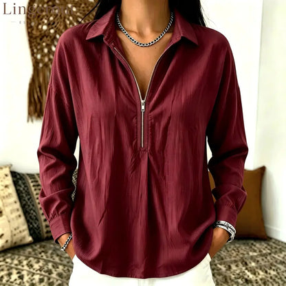 2026 Autumn European And American Cross-Border New Casual Texture Loose Lapel Relaxed Retro Corduroy Long-Sleeved Top