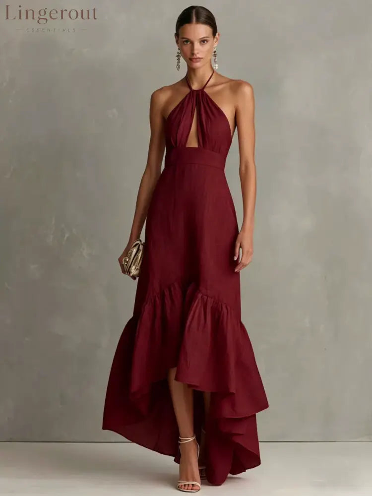 Textured Halter Keyhole High Low Ruffle Maxi Dress - Claret / S