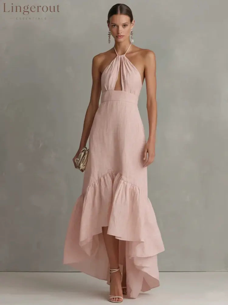 Textured Halter Keyhole High Low Ruffle Maxi Dress - Pink / S