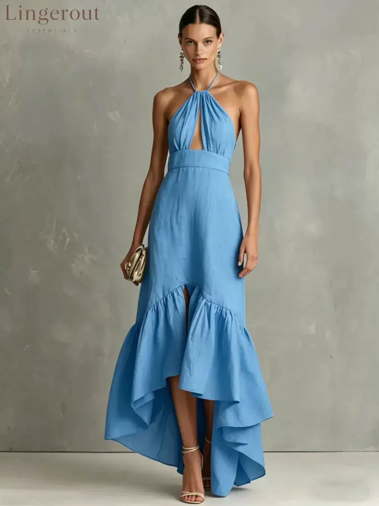 Textured Halter Keyhole High Low Ruffle Maxi Dress - Sky blue / S