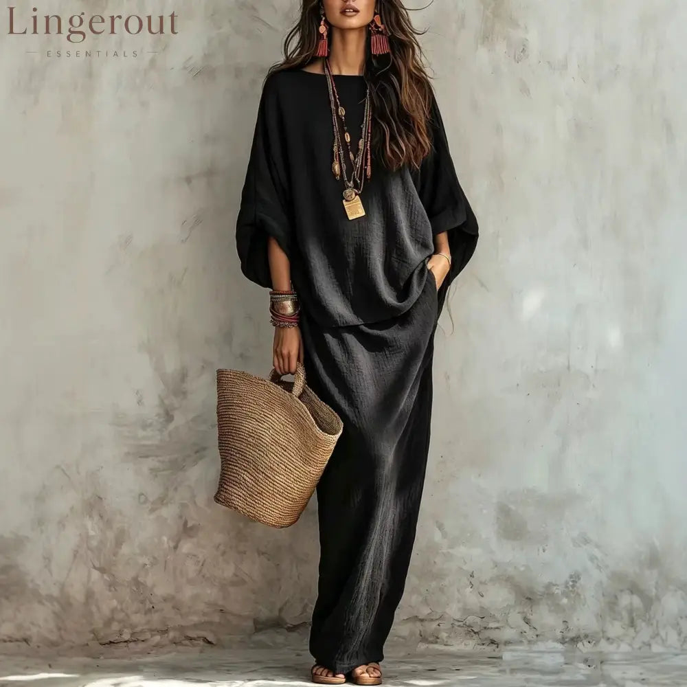 Textured Linen Batwing Top & Wide Leg Maxi Skirt Two-Piece Set