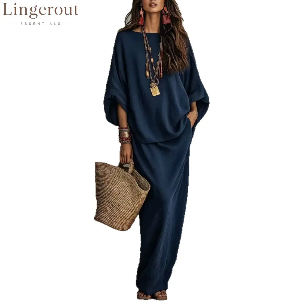 Textured Linen Batwing Top & Wide Leg Maxi Skirt Two-Piece Set