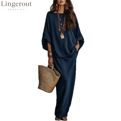 Textured Linen Batwing Top & Wide Leg Maxi Skirt Two-Piece Set