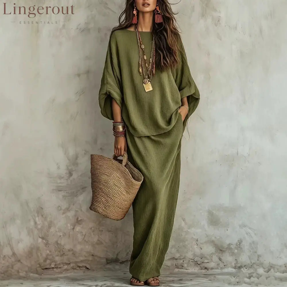 Textured Linen Batwing Top & Wide Leg Maxi Skirt Two-Piece Set