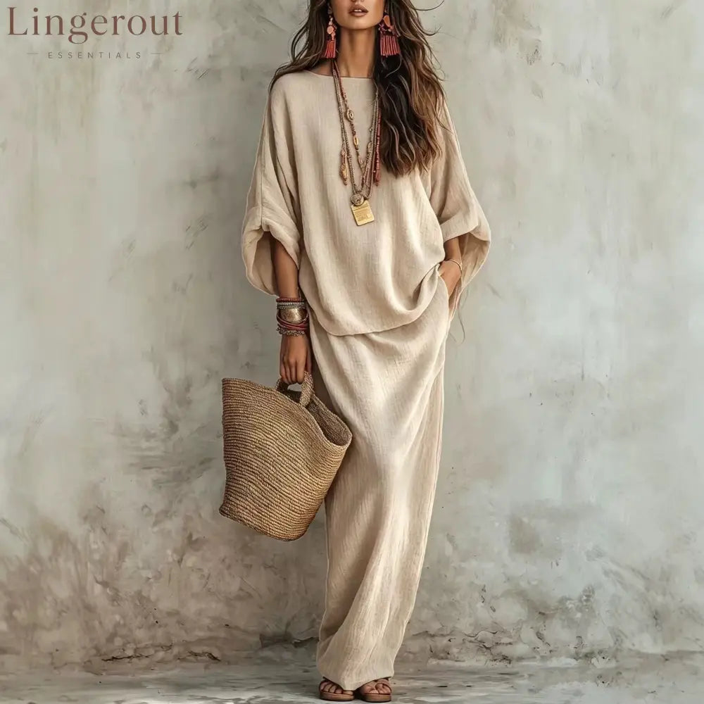 Textured Linen Batwing Top & Wide Leg Maxi Skirt Two-Piece Set