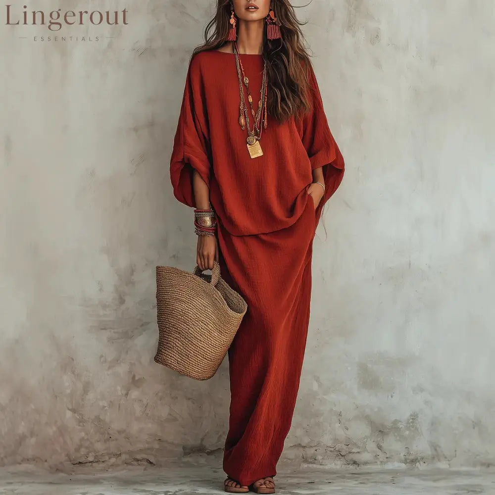 Textured Linen Batwing Top & Wide Leg Maxi Skirt Two-Piece Set