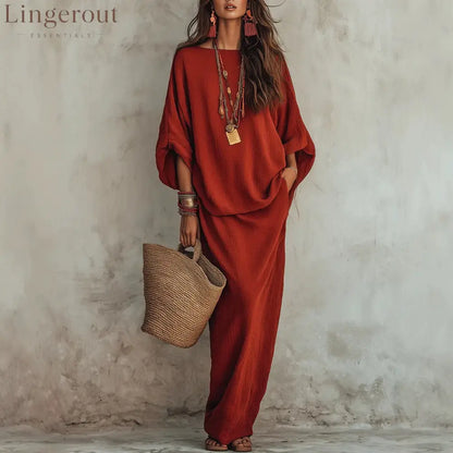 Textured Linen Batwing Top & Wide Leg Maxi Skirt Two-Piece Set