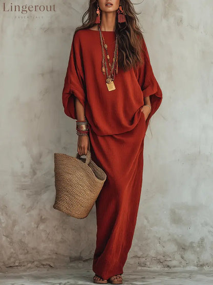 Textured Linen Batwing Top & Wide Leg Maxi Skirt Two-Piece Set - Red / XS