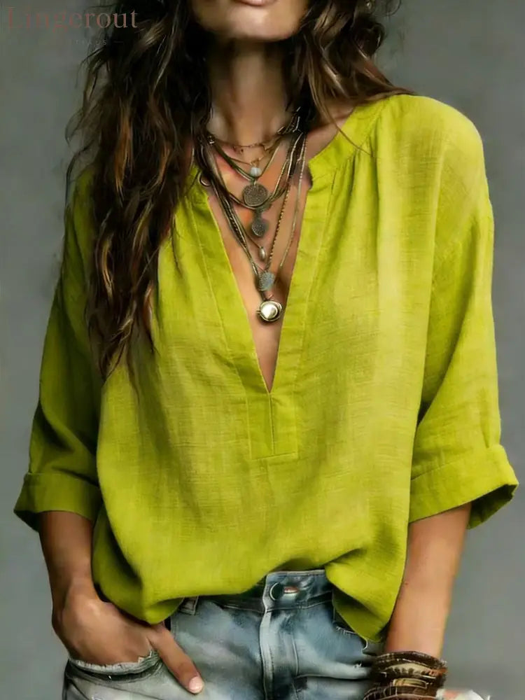 Textured Linen Blend Notch V Neck 3/4 Cuffed Sleeve Blouse - Yellow-green / S