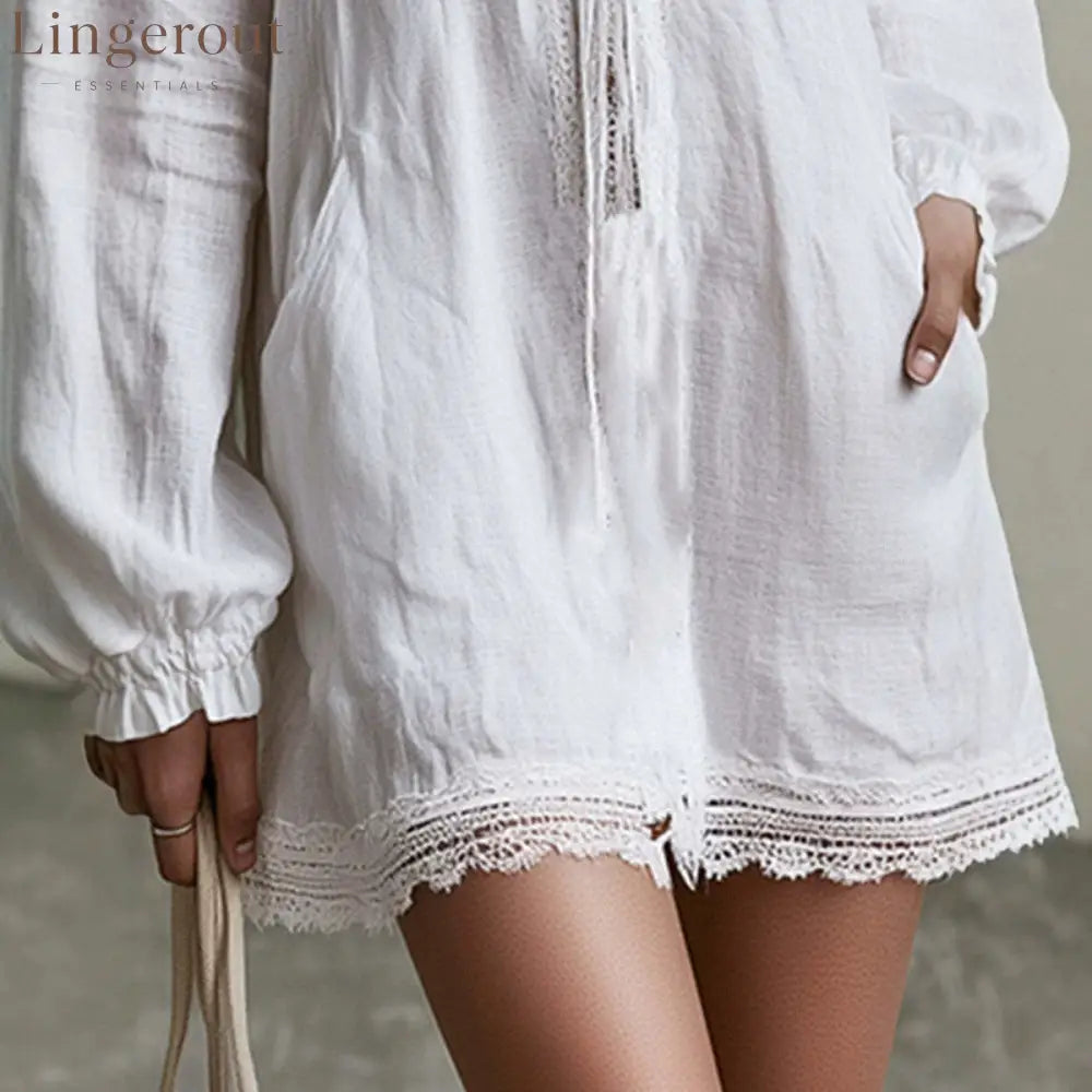 Textured Linen Lace Trim Tie Front Long Sleeve Mini Tunic Dress