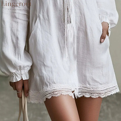 Textured Linen Lace Trim Tie Front Long Sleeve Mini Tunic Dress