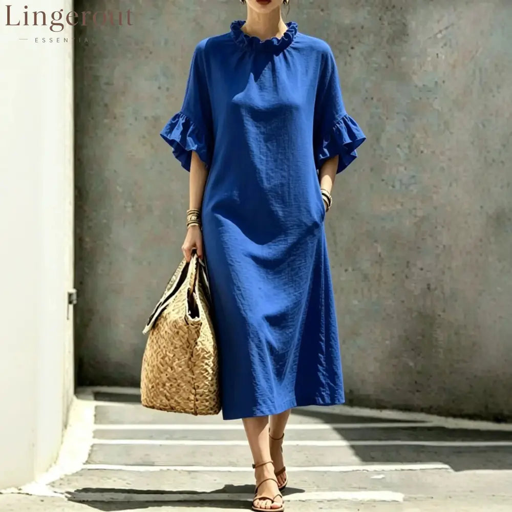 Textured Linen Ruffle Neck Flounce Sleeve Midi Shift Dress