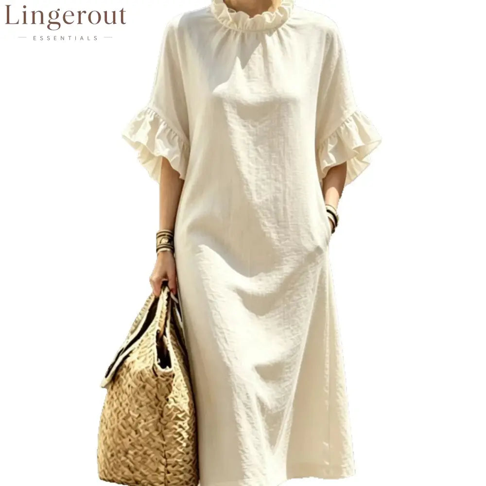 Textured Linen Ruffle Neck Flounce Sleeve Midi Shift Dress