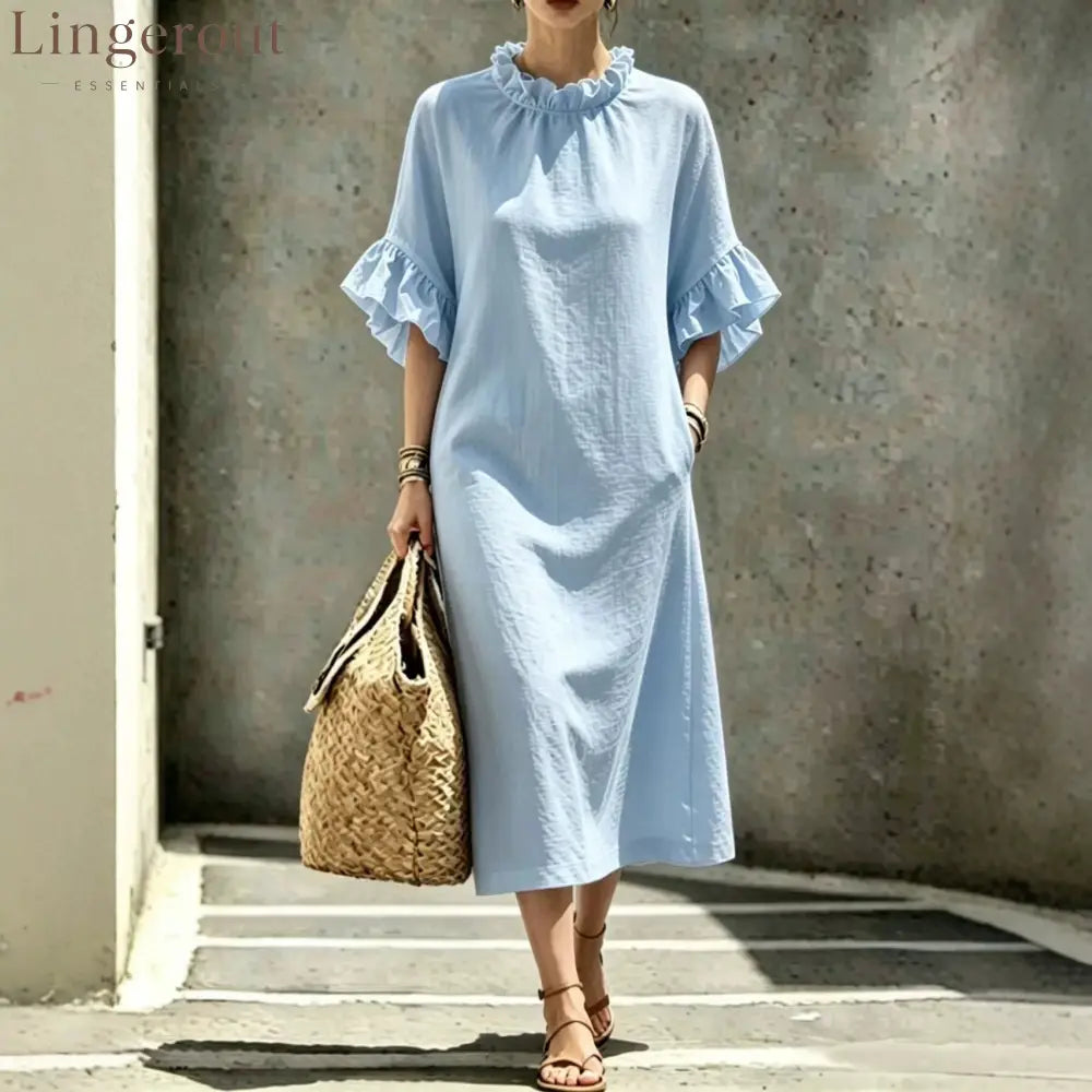 Textured Linen Ruffle Neck Flounce Sleeve Midi Shift Dress