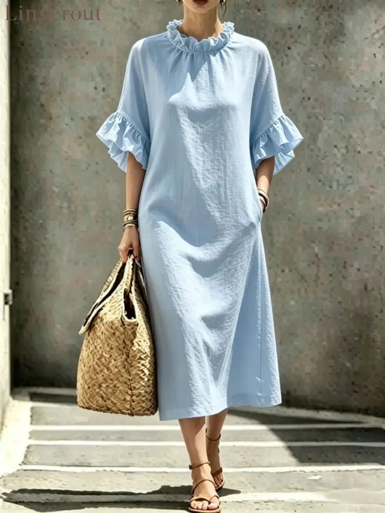 Textured Linen Ruffle Neck Flounce Sleeve Midi Shift Dress - Azure / S