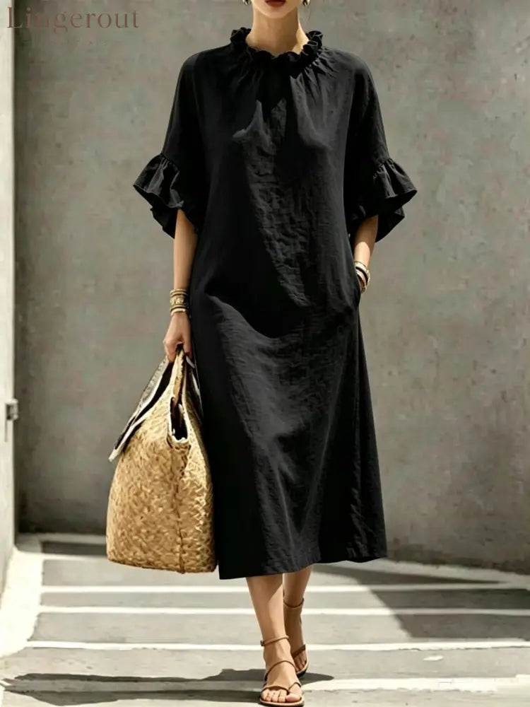 Textured Linen Ruffle Neck Flounce Sleeve Midi Shift Dress - Black / S