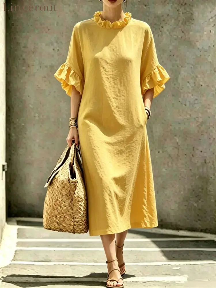 Textured Linen Ruffle Neck Flounce Sleeve Midi Shift Dress - Gold / S