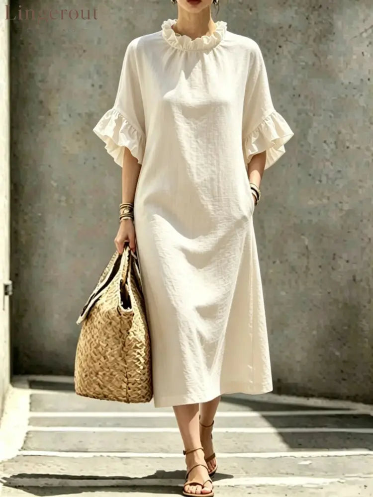 Textured Linen Ruffle Neck Flounce Sleeve Midi Shift Dress - Milky / S