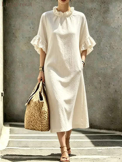 Textured Linen Ruffle Neck Flounce Sleeve Midi Shift Dress - Milky / S