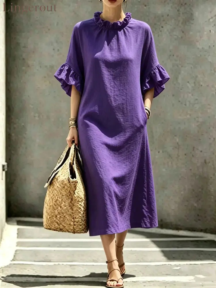 Textured Linen Ruffle Neck Flounce Sleeve Midi Shift Dress - Purple / S