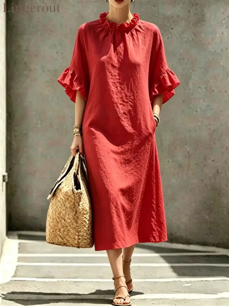Textured Linen Ruffle Neck Flounce Sleeve Midi Shift Dress - Red / S