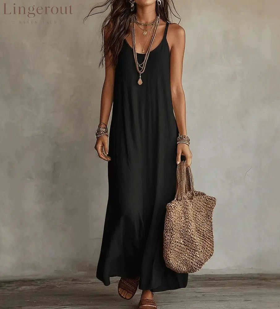 Textured Linen Spaghetti Strap Loose Maxi Tent Dress - Black / S