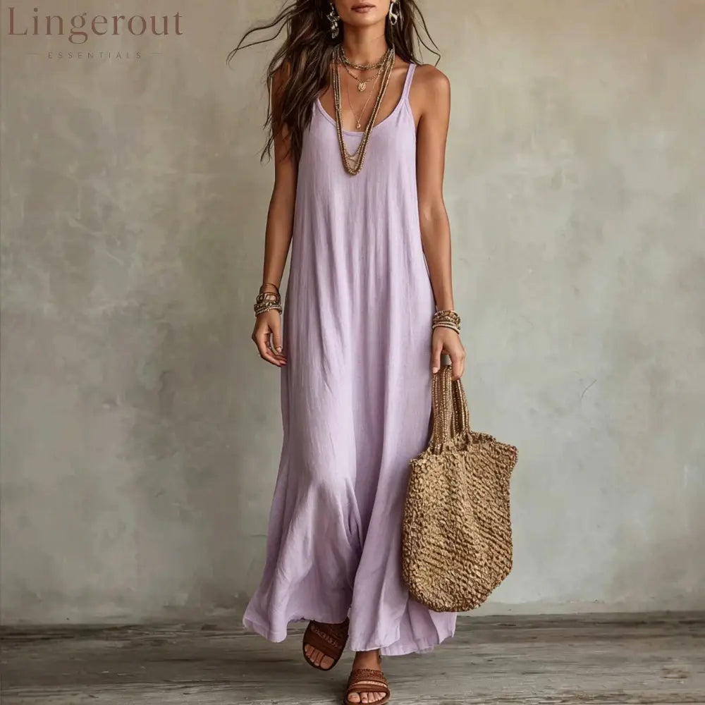 Textured Linen Spaghetti Strap Loose Maxi Tent Dress - Light purple / S