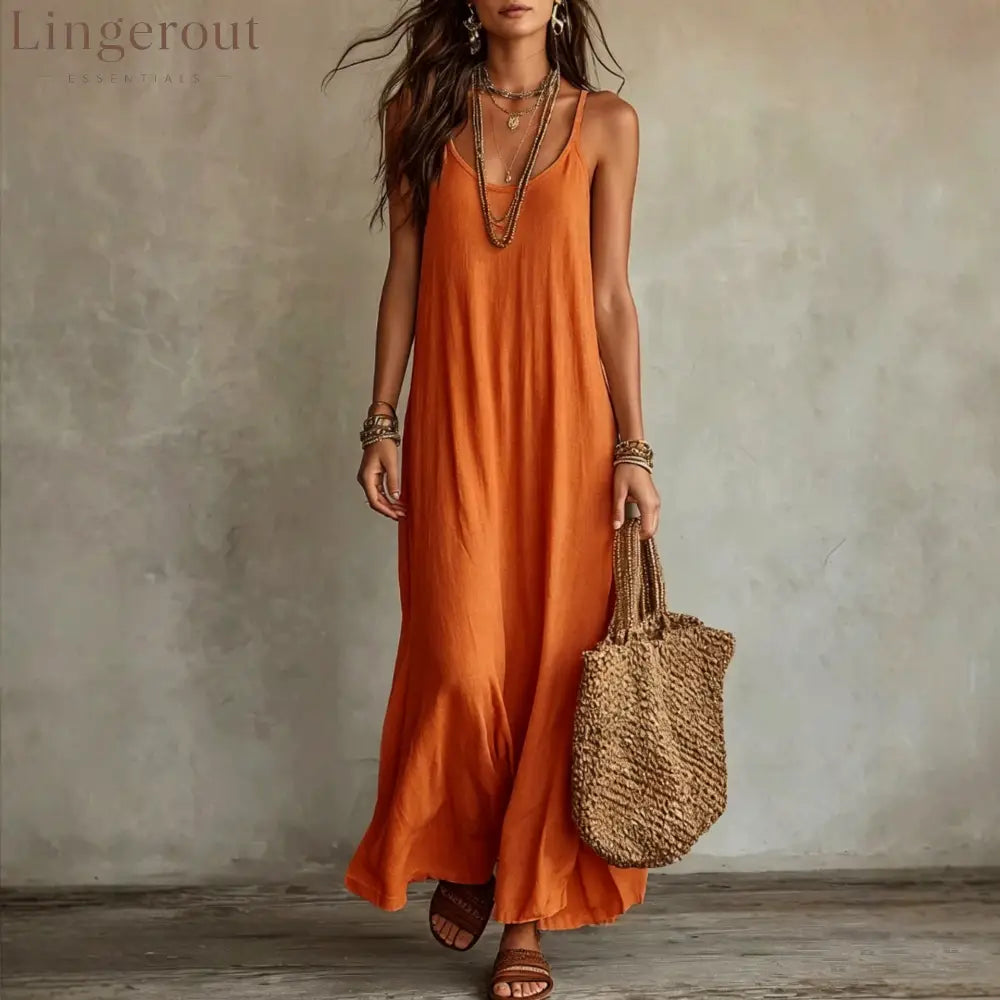 Textured Linen Spaghetti Strap Loose Maxi Tent Dress - Orange color / S