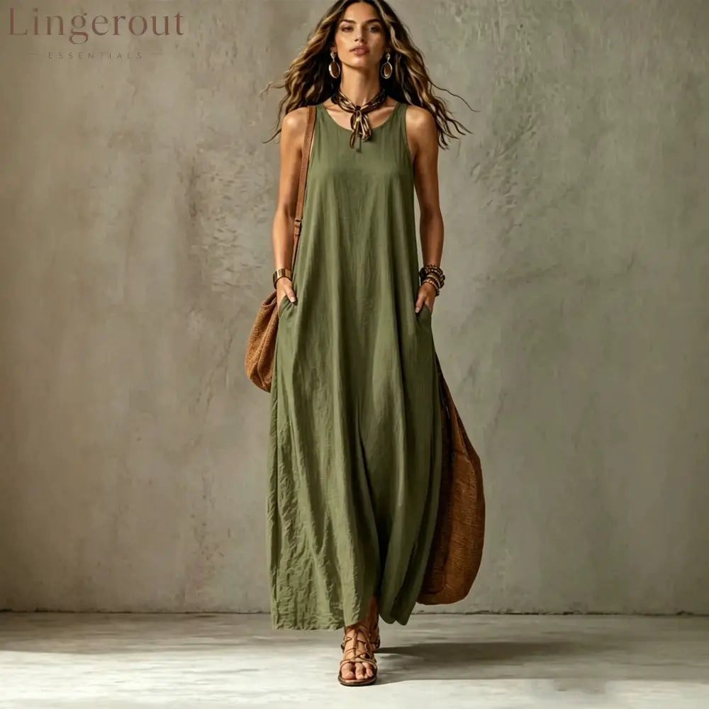 Textured Sleeveless Round Neck Pocketed Maxi Tent Dress