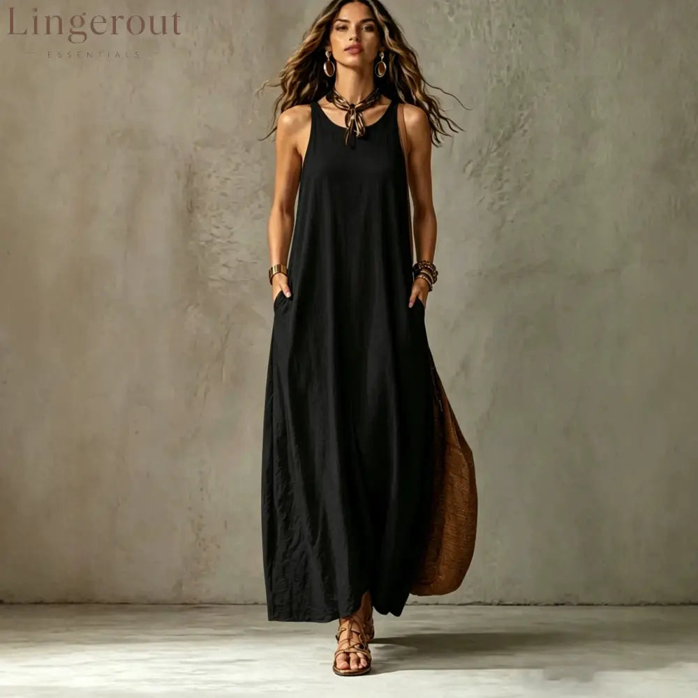Textured Sleeveless Round Neck Pocketed Maxi Tent Dress