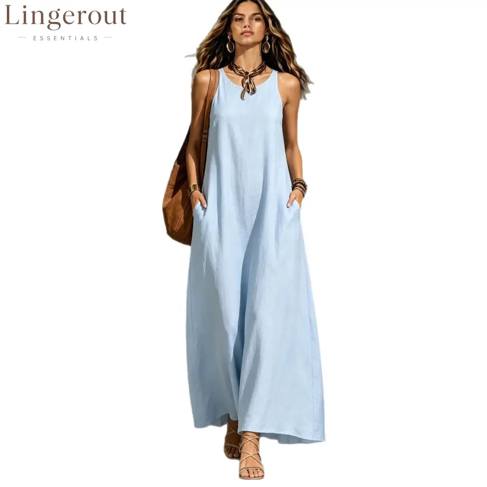 Textured Sleeveless Round Neck Pocketed Maxi Tent Dress