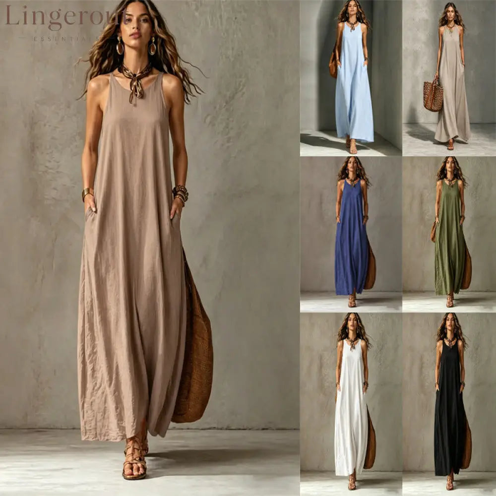 Textured Sleeveless Round Neck Pocketed Maxi Tent Dress