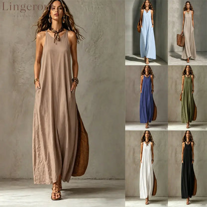 Textured Sleeveless Round Neck Pocketed Maxi Tent Dress