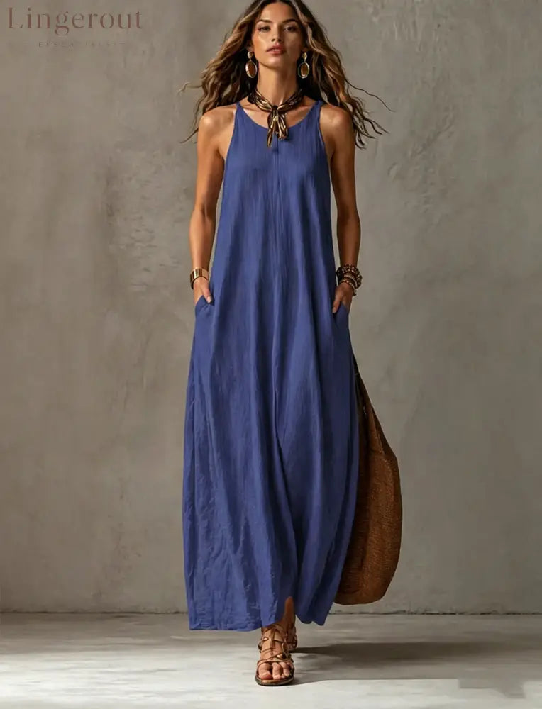Textured Sleeveless Round Neck Pocketed Maxi Tent Dress - Blue / S