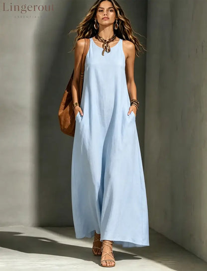 Textured Sleeveless Round Neck Pocketed Maxi Tent Dress - Sky blue / S