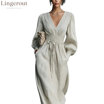 Textured V-Neck Smocked Waist Maxi Dress