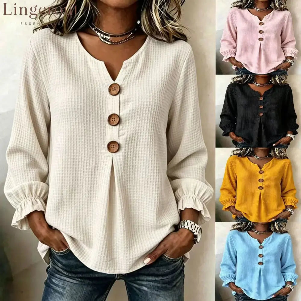 Textured Waffle Knit V-Neck Button Blouse