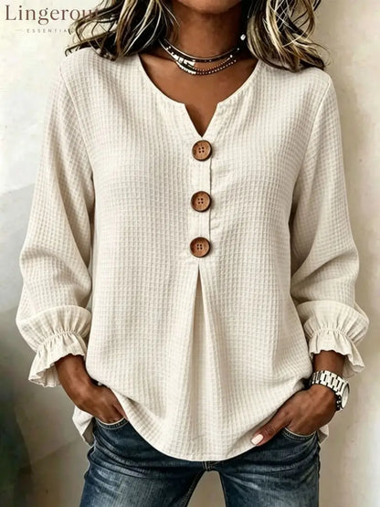 Textured Waffle Knit V-Neck Button Blouse - Apricot / S