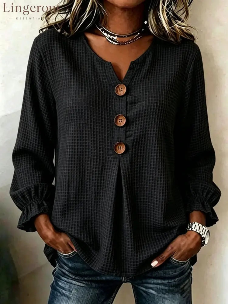 Textured Waffle Knit V-Neck Button Blouse - Black / S
