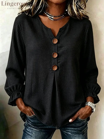 Textured Waffle Knit V-Neck Button Blouse - Black / S