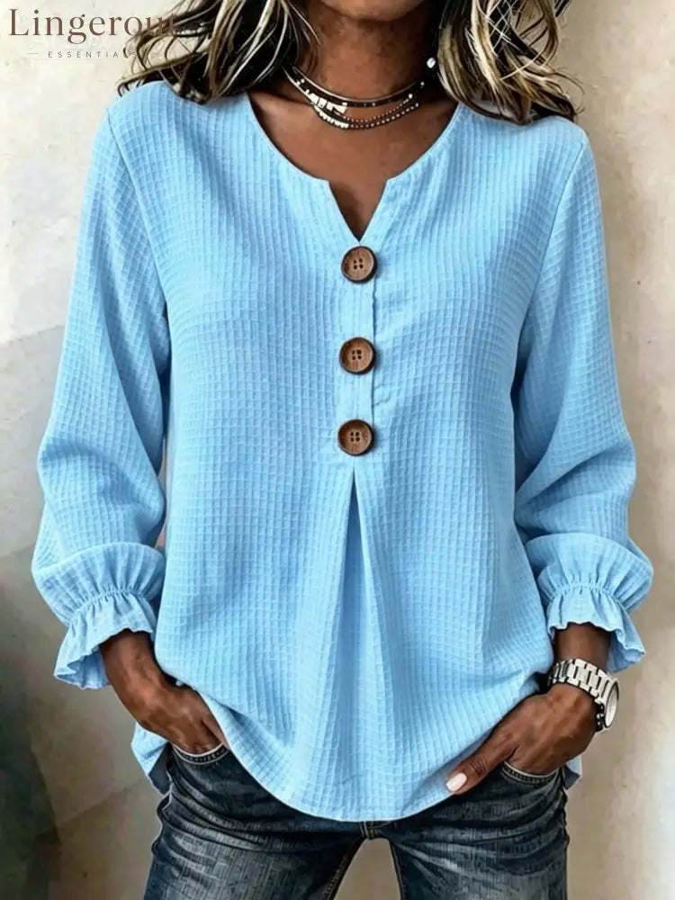 Textured Waffle Knit V-Neck Button Blouse - Blue / S