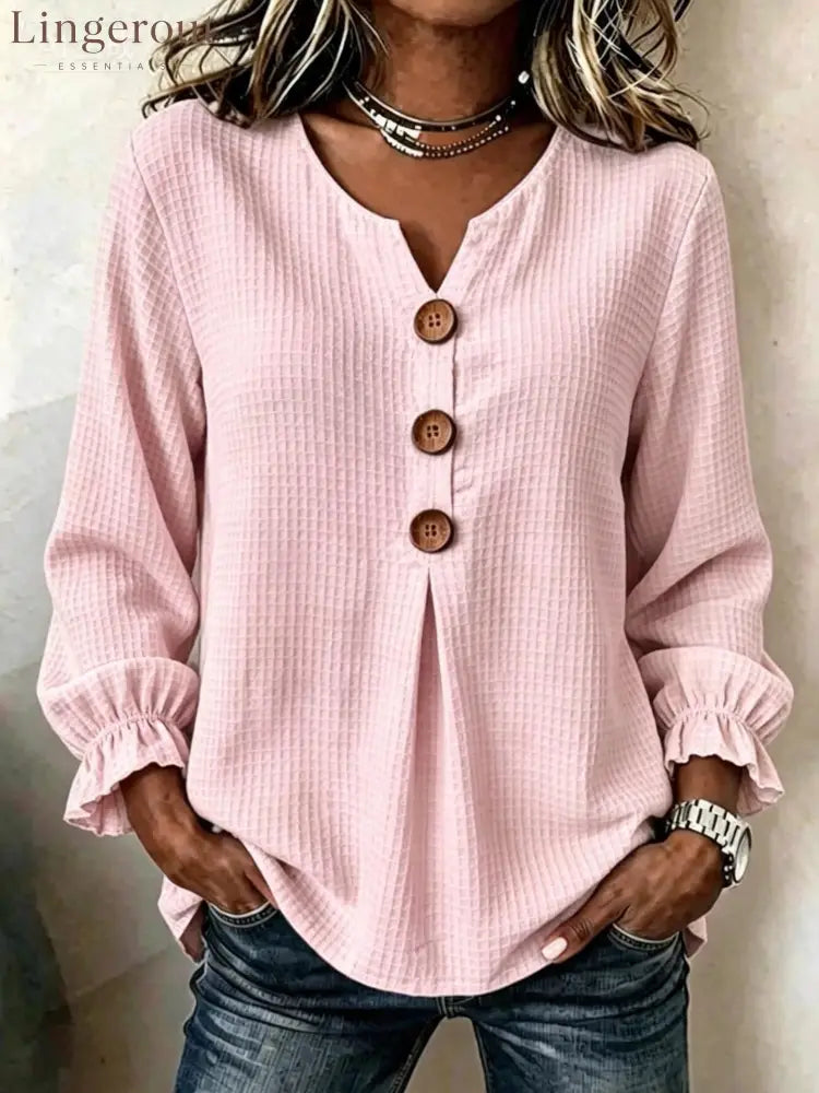 Textured Waffle Knit V-Neck Button Blouse - Pink / S
