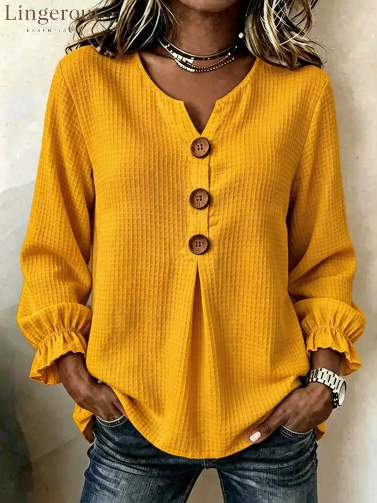 Textured Waffle Knit V-Neck Button Blouse - Yellow / S