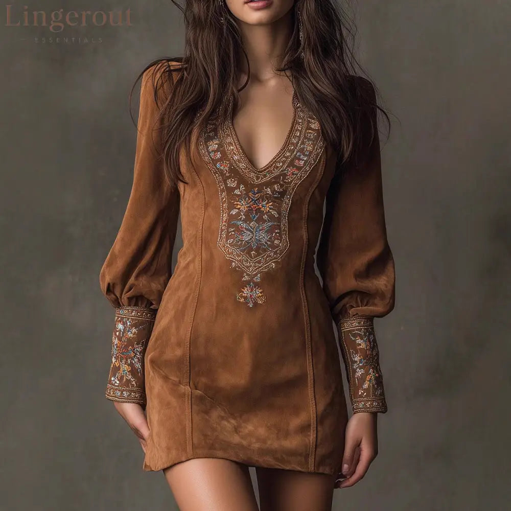 The Embroidered Suede Boho Mini Dress